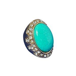 Faux Turquoise Clear Rhinestone Ring Size 6.25 Faded Goldtone